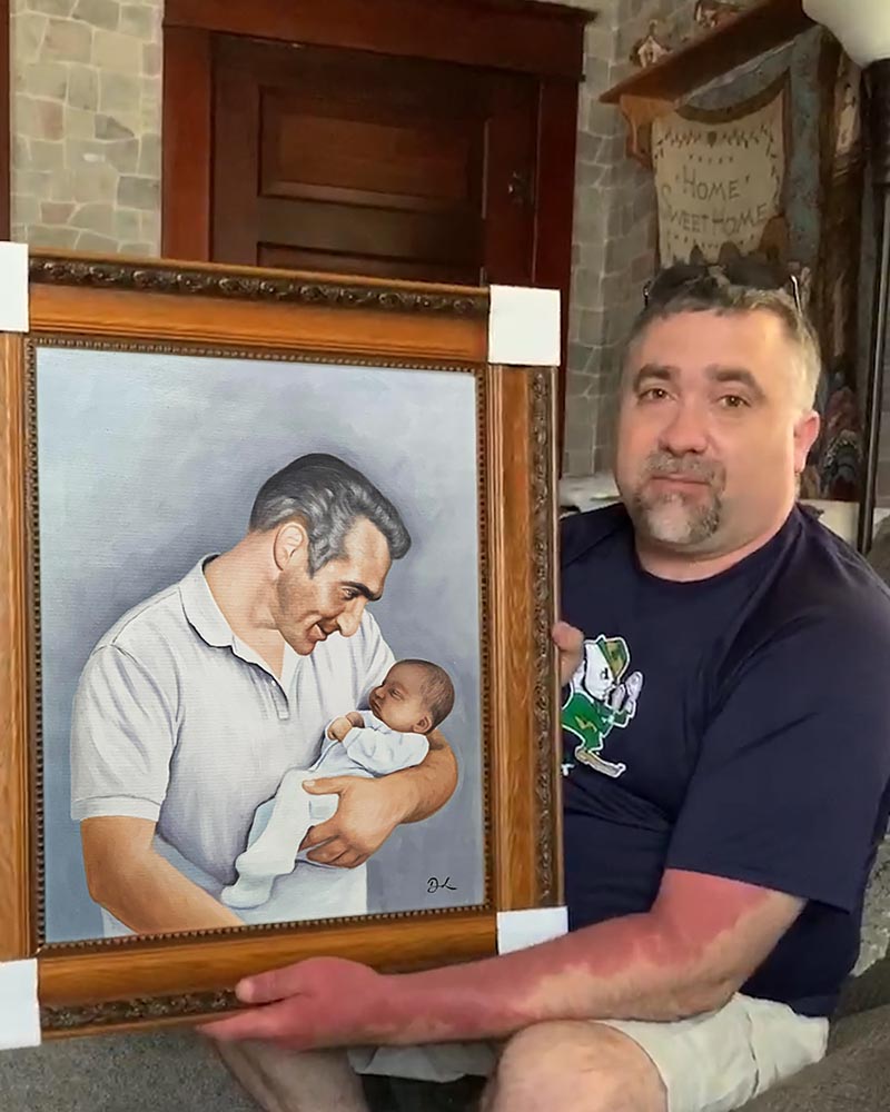 Custom acrylic painting of an elder man holding a baby