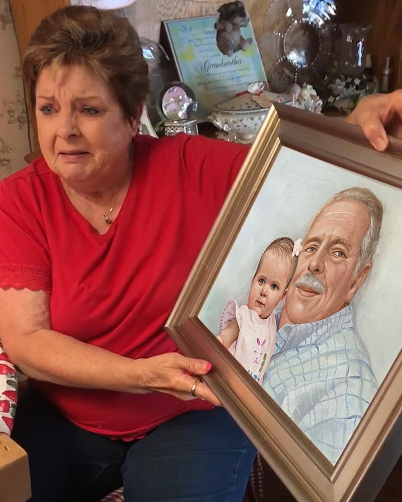 Beautiful oil painting of an elder man with a baby