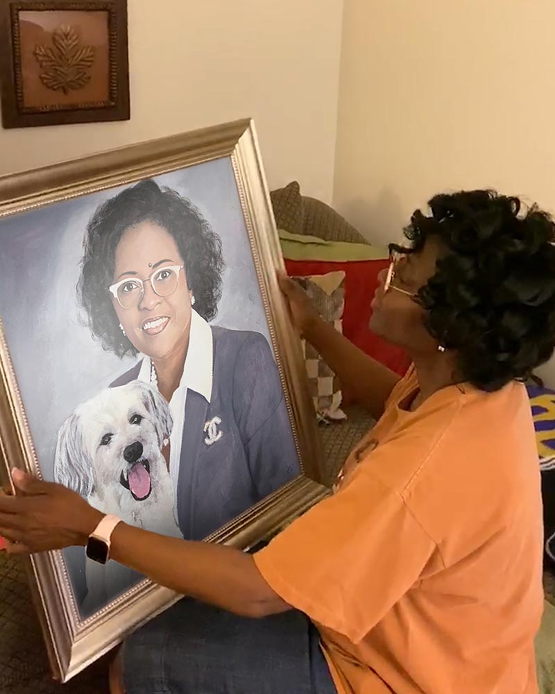 Custom handmade pastel painting of a lady with a dog