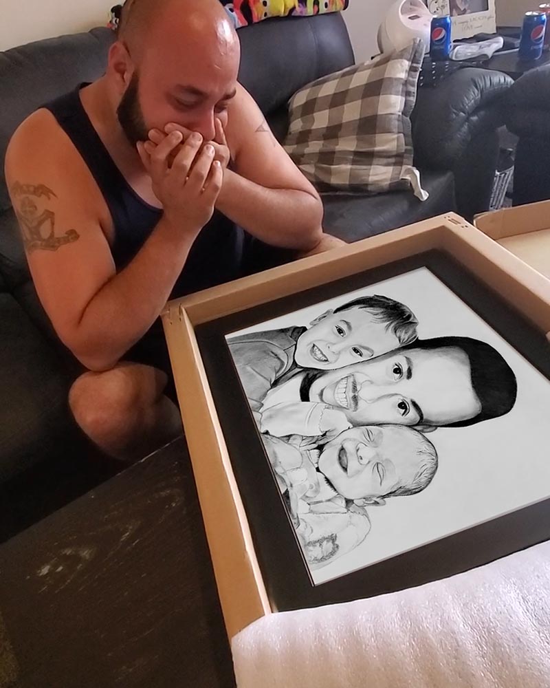 Beautiful handmade black pencil drawing of a family