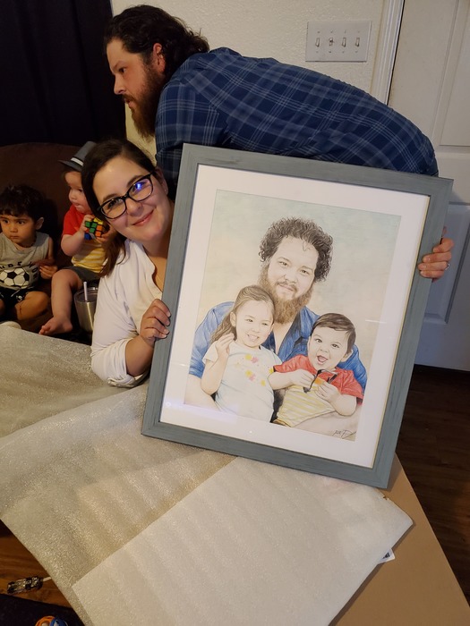 color pencil drawing of a father and children