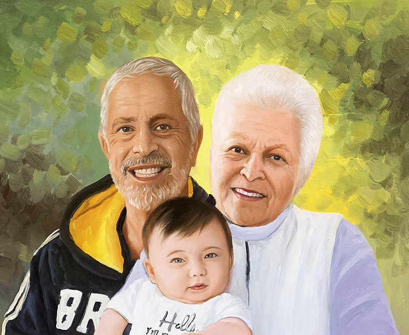 Oil painting portrait of grandparents holding a baby.