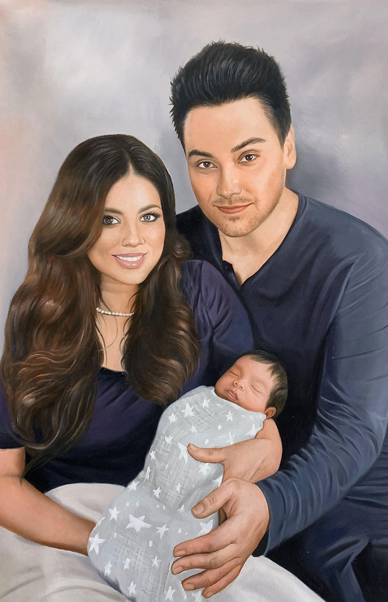 Painted portrait of a family: a mother, father, and newborn baby.
