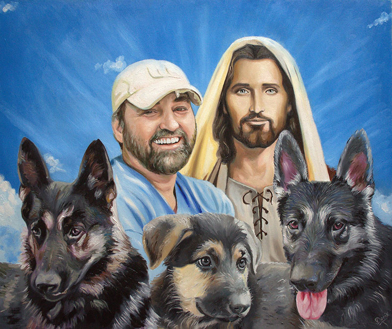 Painting of a man, Jesus, and three German Shepherd dogs against a blue sky.