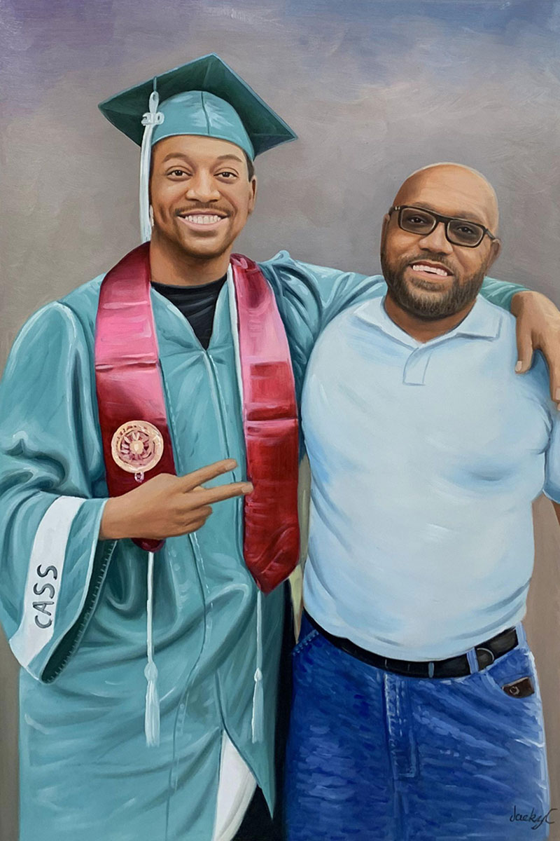 Painting of a graduate in cap and gown with his arm around a man.