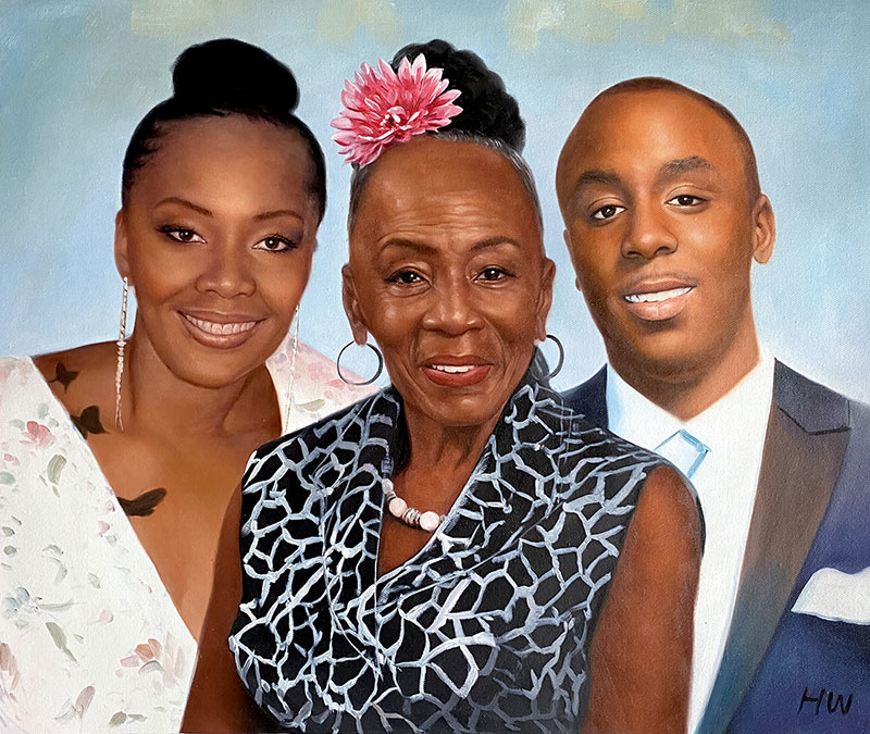 Painted portrait of a family: a woman, her daughter, and son.