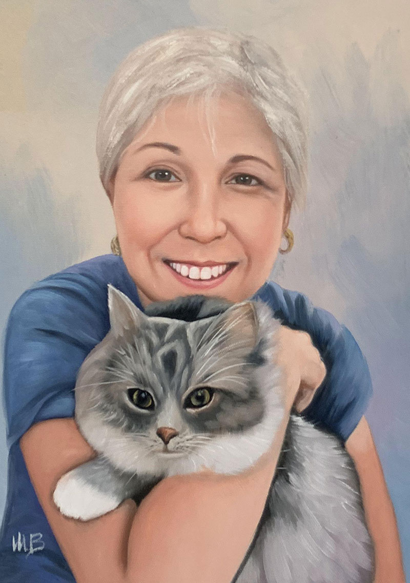 Painting of a smiling woman holding a gray and white cat.