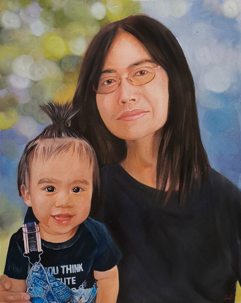 Painting of a woman with glasses holding a toddler.