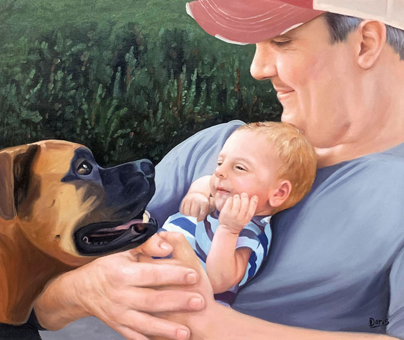 Painting of a man holding a baby, with a Boxer dog beside them.
