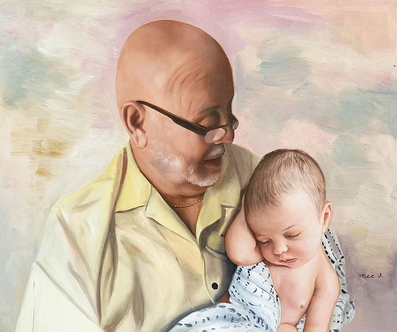 Painting of an elderly man holding a sleeping baby.