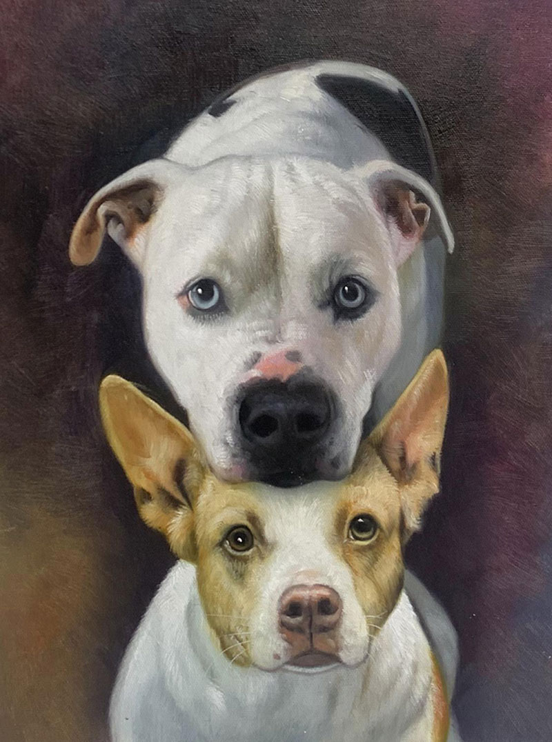 Painting of two dogs, a white and black dog on top of a tan and white dog.