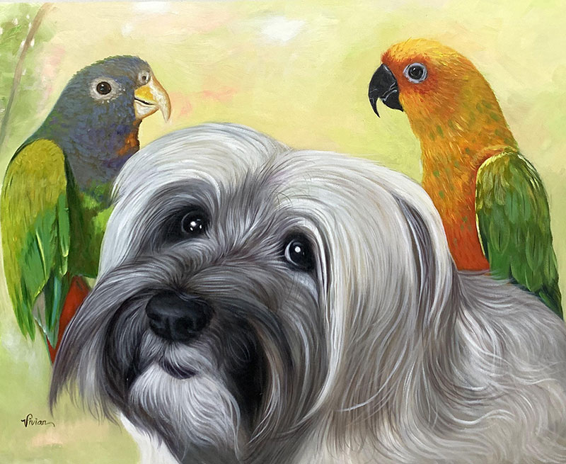 Painting of a dog and two parrots.