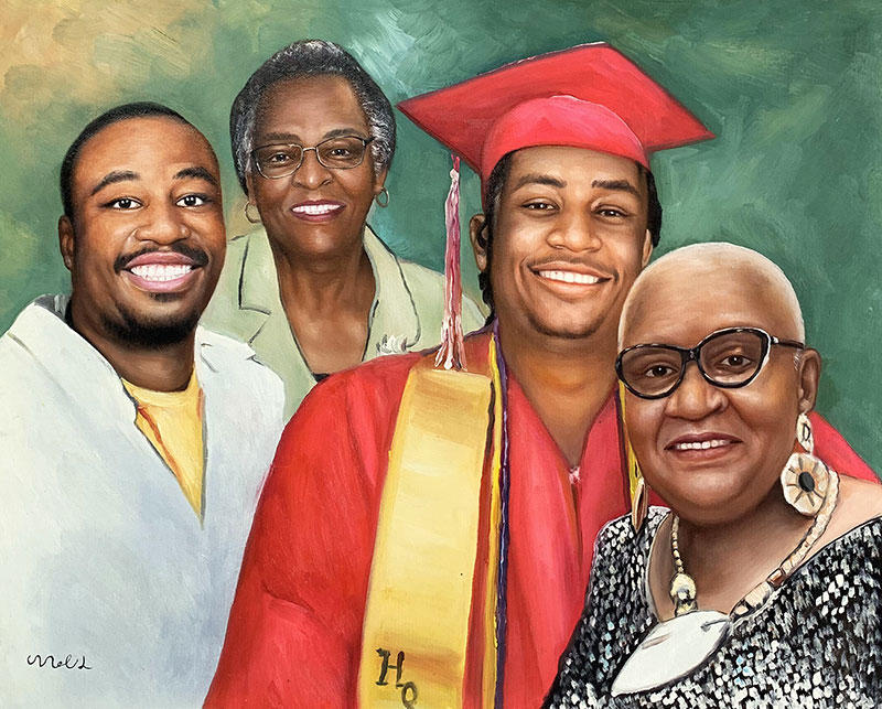 Painted portrait of a family: two women and two men, one in graduation regalia.