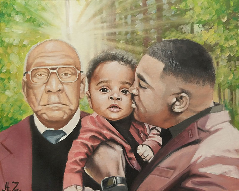 Painting of three generations of a family: an elderly man, a baby, and a man kissing the baby.
