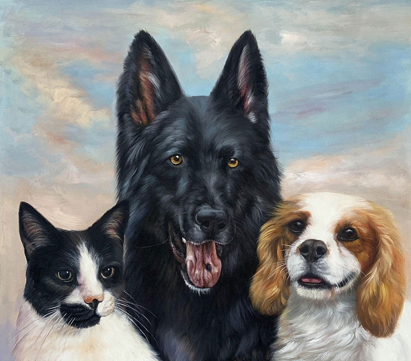 Painted portrait of a black German Shepherd, a tuxedo cat, and a Cavalier King Charles Spaniel.