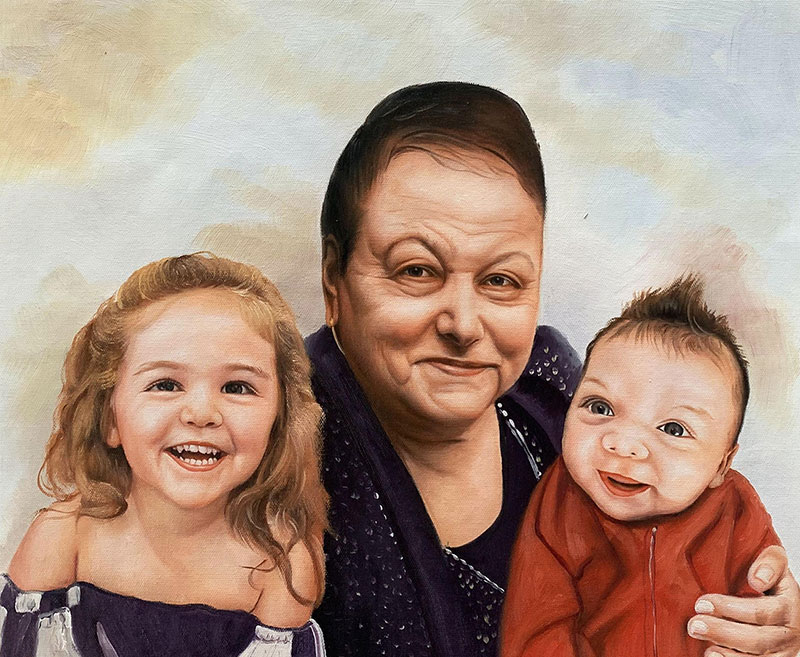 Painted portrait of a grandmother with a young girl and baby.