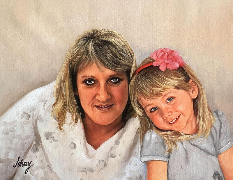 Oil painting portrait of a woman and young girl.
