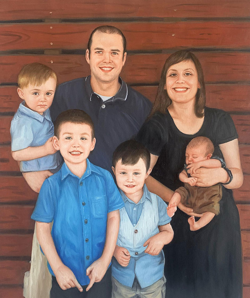 Family portrait painting, parents and four sons.