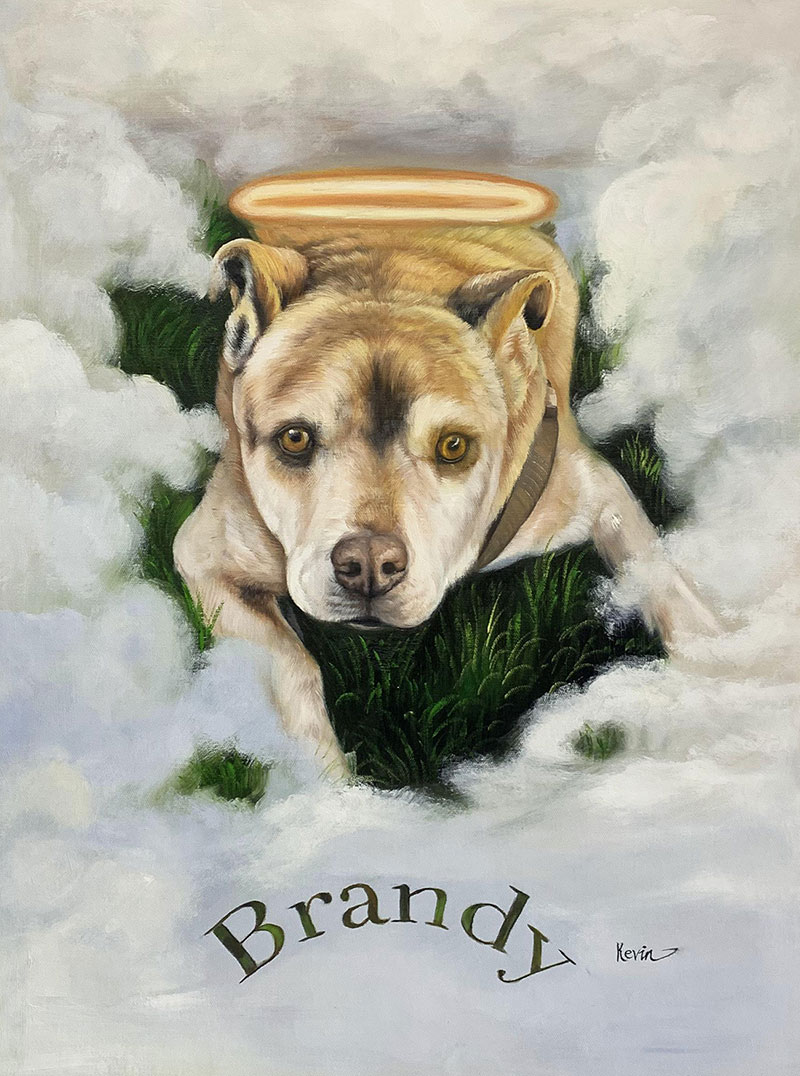 Painting of Brandy, a light brown dog with a halo, lying in the grass amidst clouds.