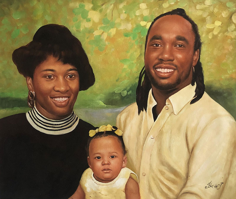 Painted portrait of a Black family: a mother, father, and baby.