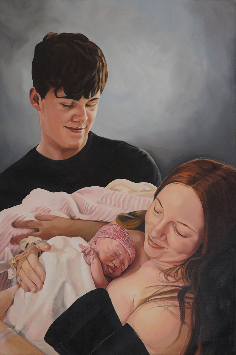 Painting of a young couple holding their newborn baby.
