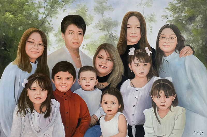 Oil painting of a large family portrait, eleven people in total, posed outdoors.