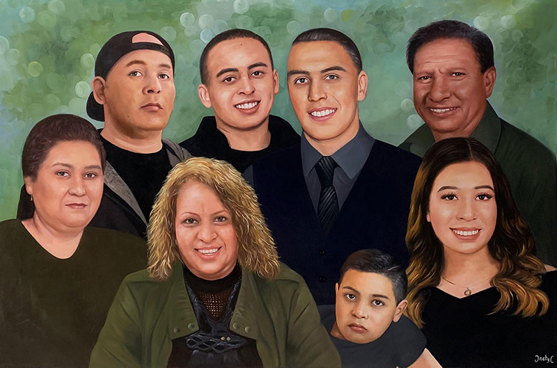 Painted portrait of a large family group.