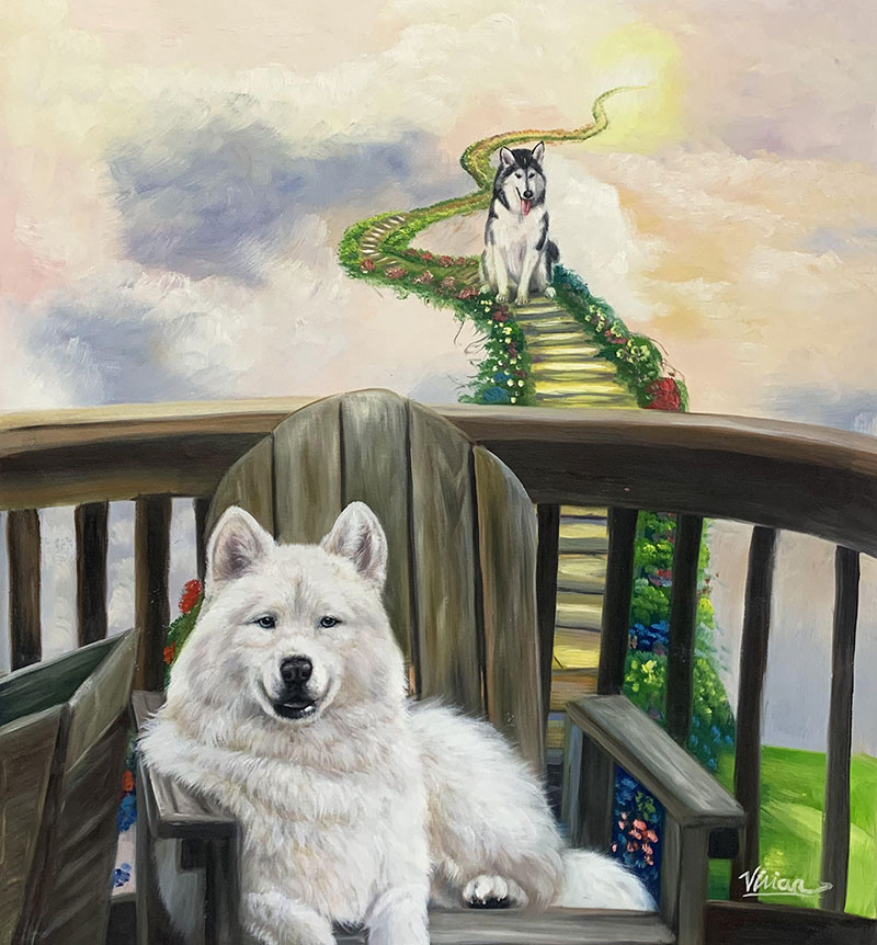 White dog sitting on a deck chair, looking at a husky on a stairway to heaven in the clouds.