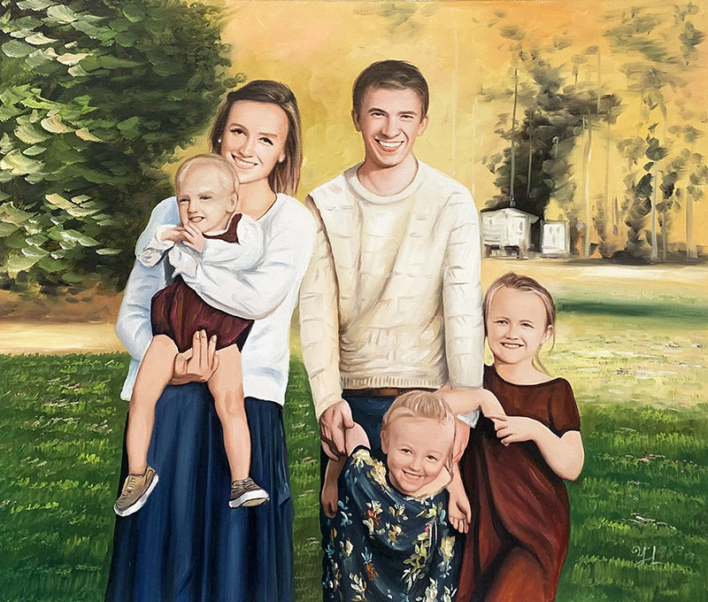 Family portrait painting, parents and three young children outdoors.