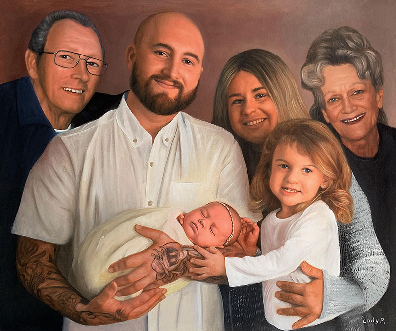 Family portrait painting: two grandparents, parents, toddler, and newborn baby.