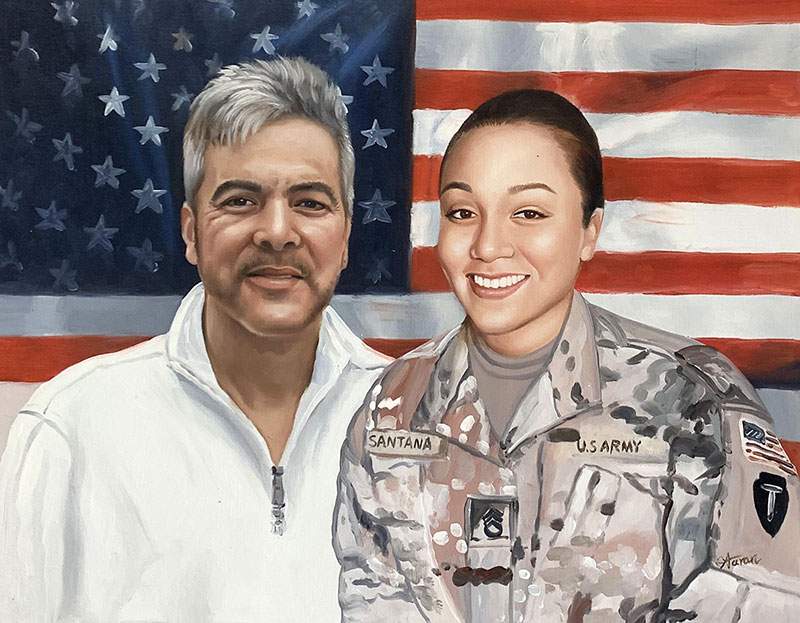 Painting of a man and a woman in U.S. Army uniform in front of an American flag.