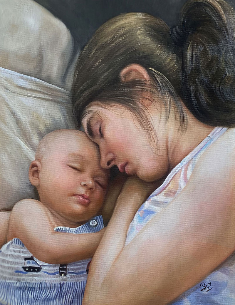 Painting of a mother and baby sleeping together.