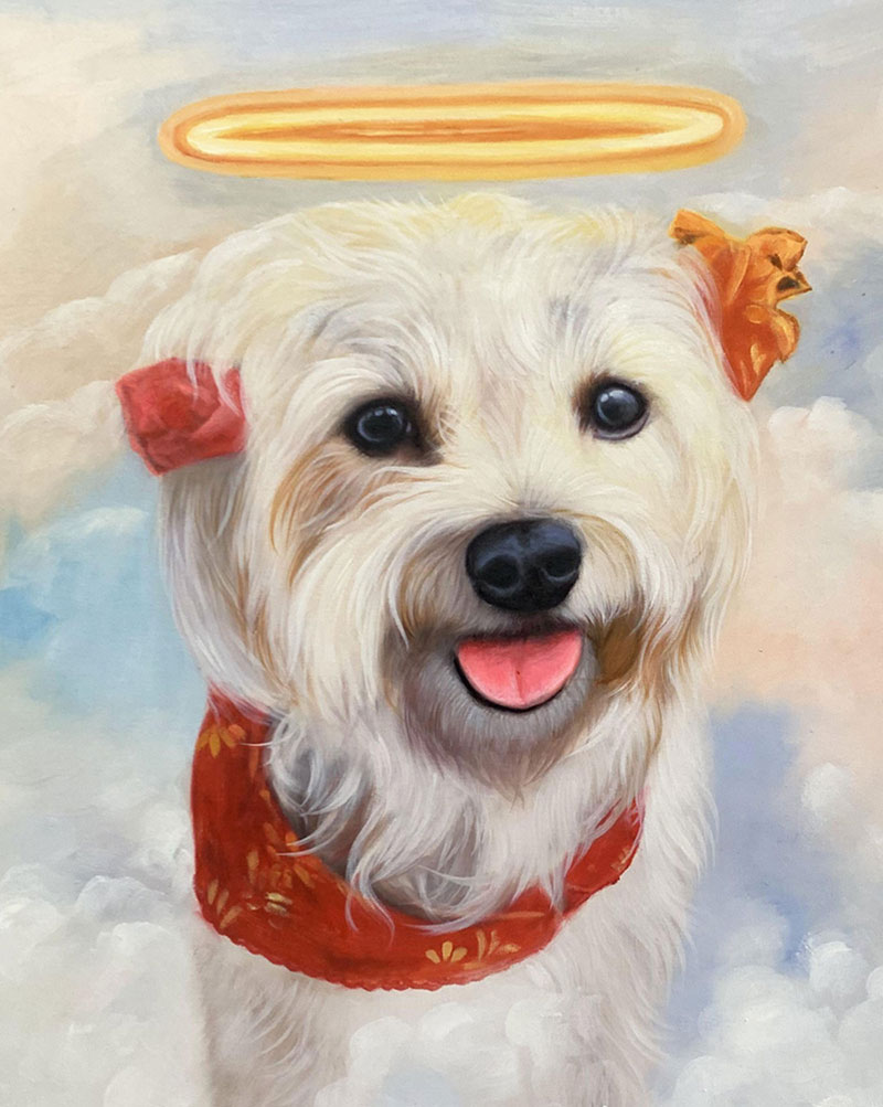 Painting of a fluffy white dog with a halo, wearing a red bandana and flowers behind its ears.