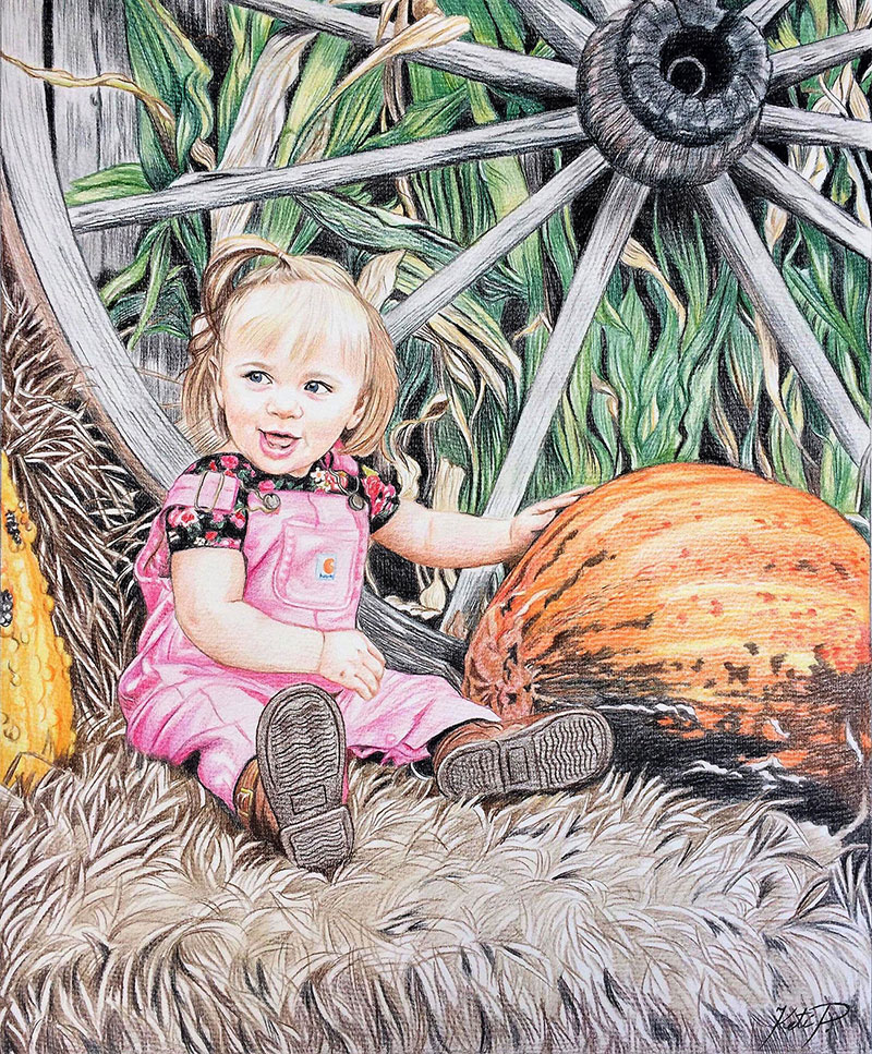 Custom color pencil drawing of a baby girl by the wheel