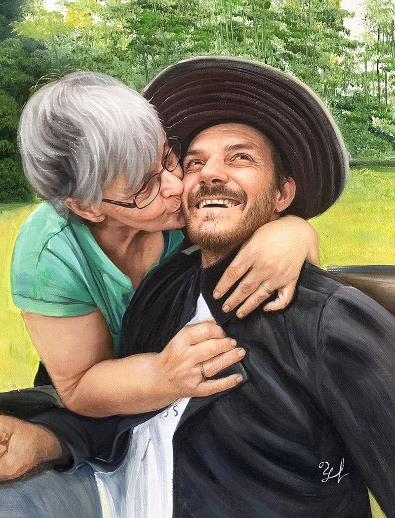 Painting of a woman kissing a man on the cheek, he`s smiling and wearing a wide-brimmed hat.