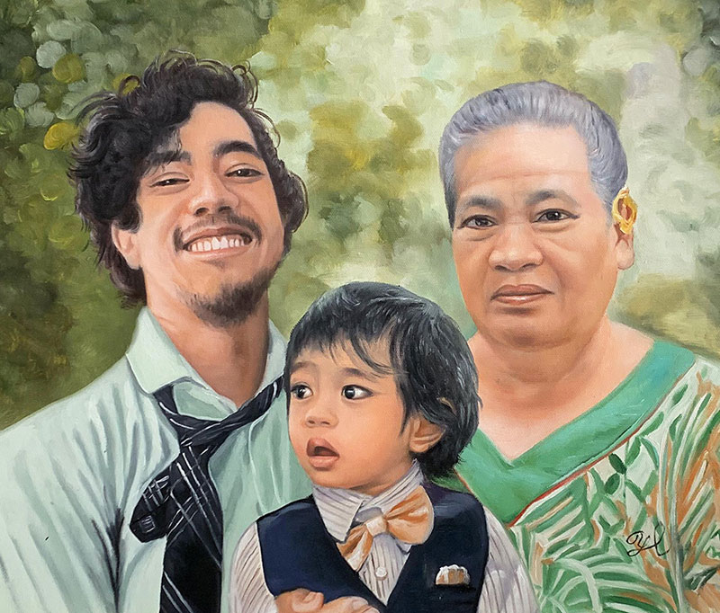 Painted portrait of a young man, a toddler, and an older woman.