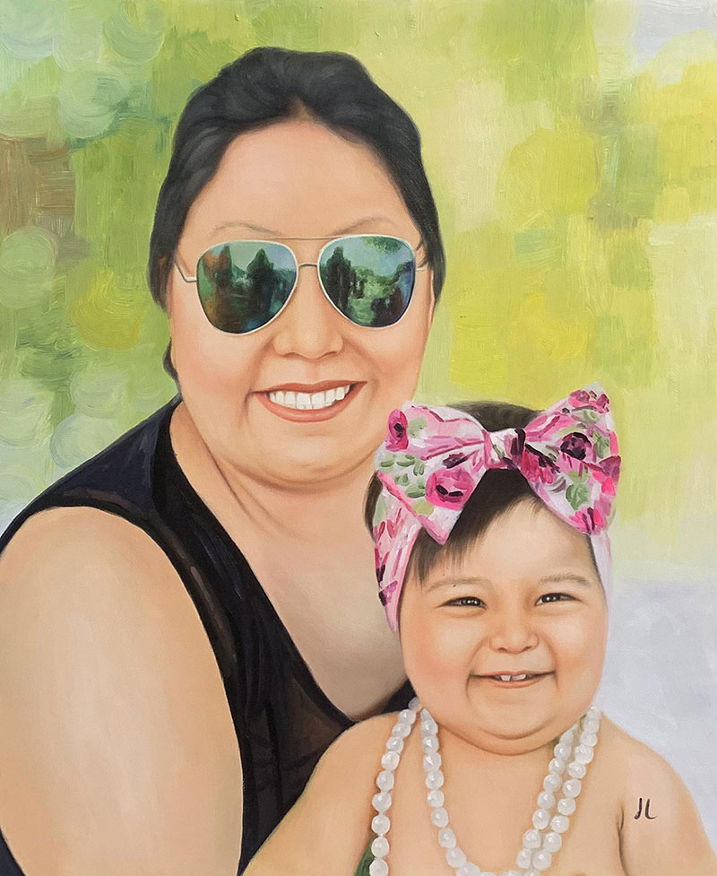 Oil painting of a woman in sunglasses holding a smiling baby girl wearing a floral headband and pearl necklace.