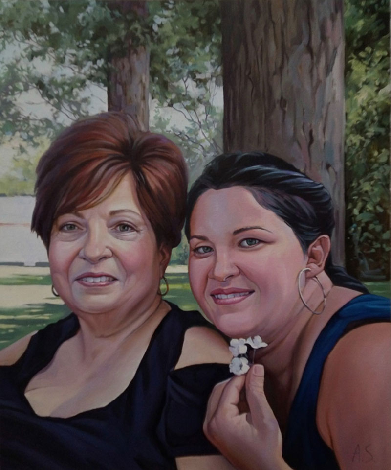 Painting of two women, one older and one younger, sitting together outdoors.