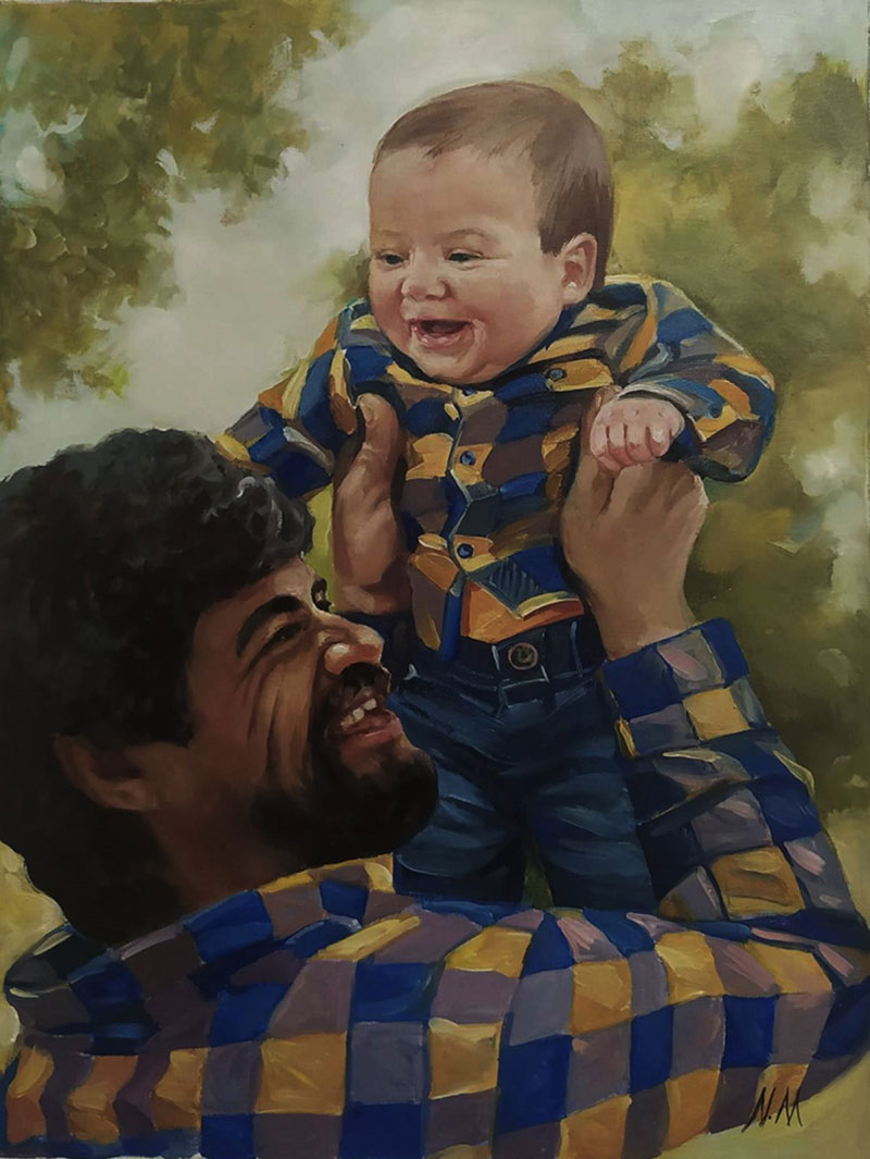 Painting of a man joyfully lifting a laughing baby.