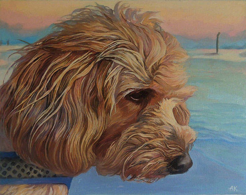 Painting of a fluffy, light brown dog`s head and shoulders.