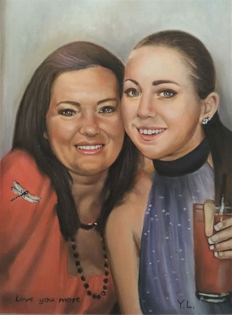 Painting of two women, one in a red top and the other in a purple dress, smiling and posing together.