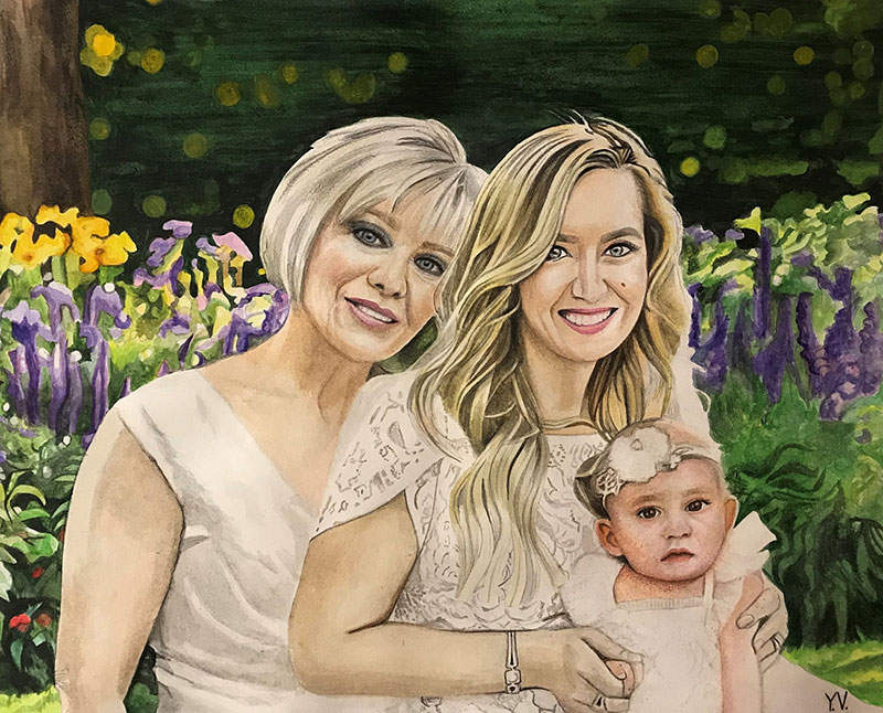 Watercolor portrait of three generations of women: grandmother, mother, and baby, in a garden.