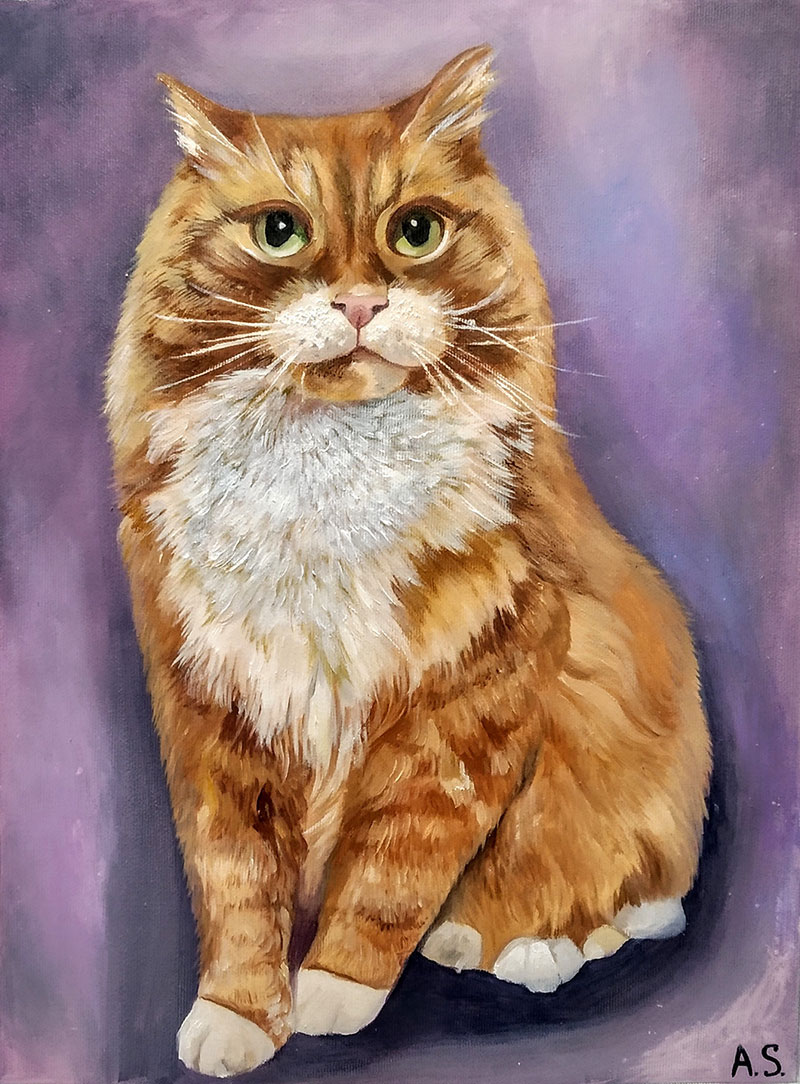 Painting of an orange tabby cat with white chest fur sitting against a purple background.