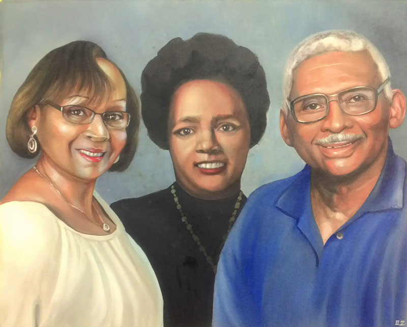 Painted portrait of three smiling people: two women and one man.