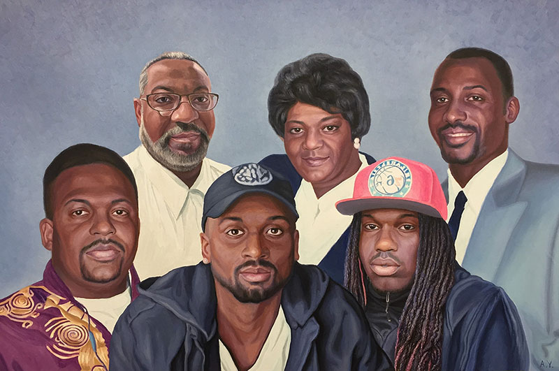Painting of a multigenerational Black family portrait.