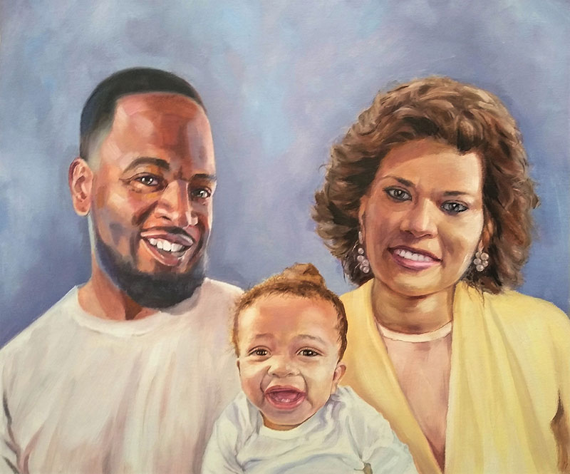 Painting of a Black family: a father, mother, and baby.