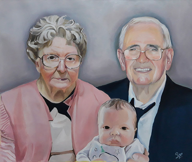 Painted portrait of grandparents with baby grandson.