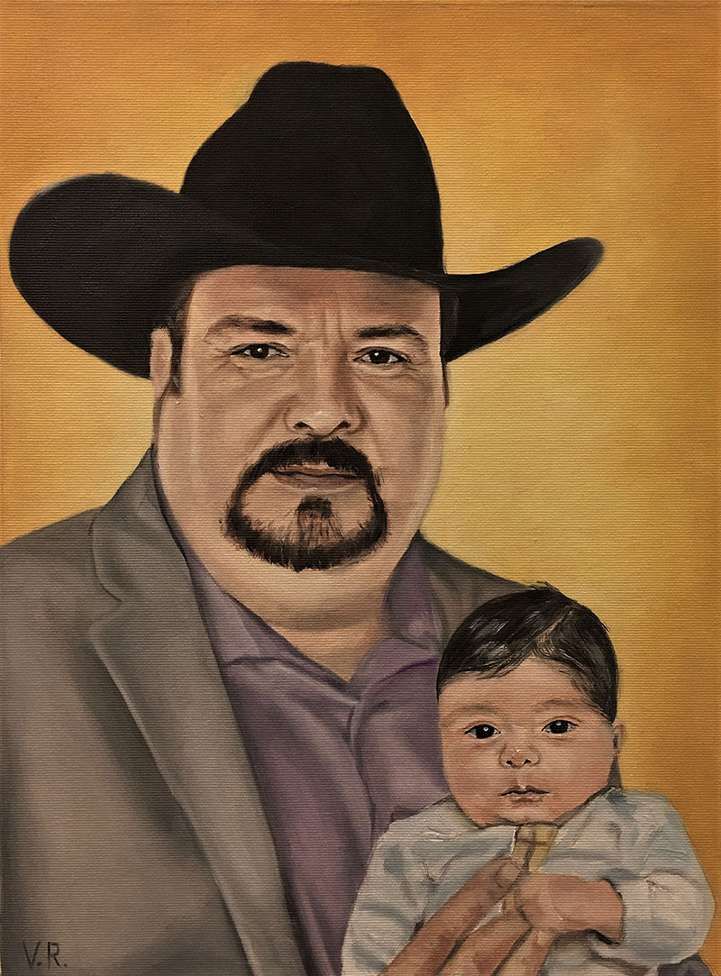 Painting of a man in a cowboy hat holding a baby.