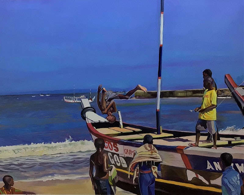 Painting of children on a beach near a boat, one boy is doing a backflip into the ocean.