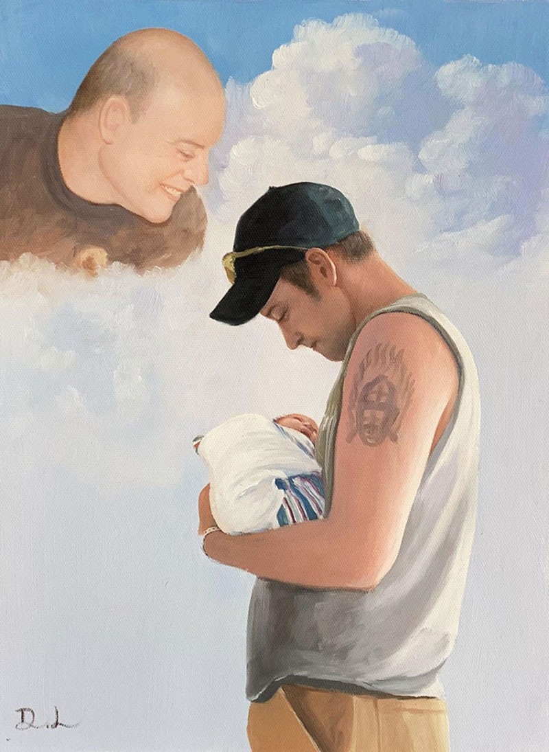 Painting of a man holding a baby, with a deceased man appearing in the clouds above.